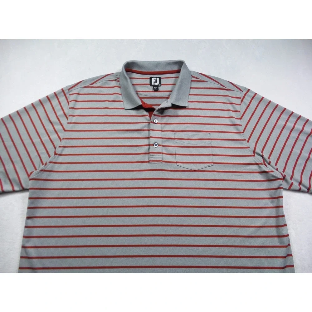 FJ FootJoy Shirt Mens Size 2XL Gray Red Striped Polo Short Sleeve Stretch‎